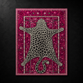 Cheetah rug by SeventySeven.DC — cream cheetah-print hide silhouette laid over a magenta floral Persian ground, 150x100 cm