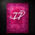 77 Pink Carpet by SeventySeven.DC — magenta distressed Persian rug with a white 77 script tag sprayed across the centre, 150x200 cm, shown on a dark concrete floor