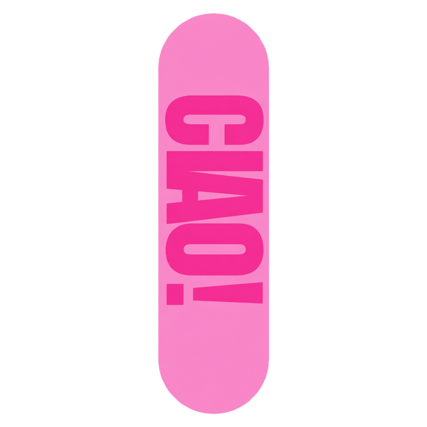 Ciao! wall skate deck by SeventySeven.DC — oversized one-colour type, 20 × 72 cm