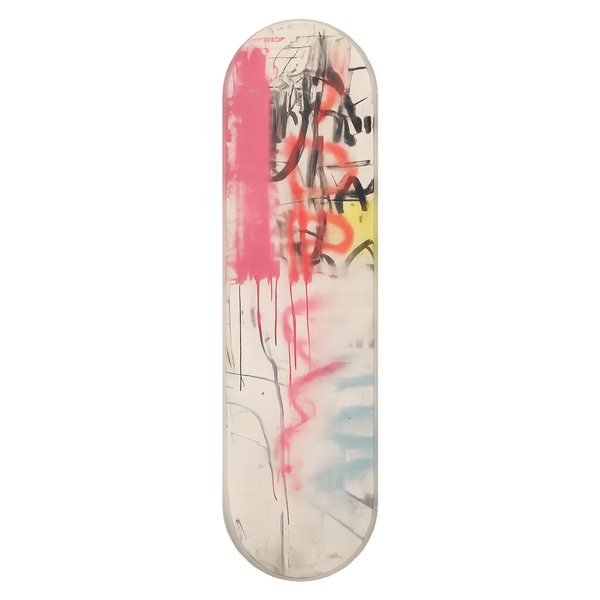 Drip wall skate deck by SeventySeven.DC — washed pink and grey with spray drips down the board