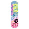 Focus On The Good wall skate deck by SeventySeven.DC — yellow type on a blue-to-pink fade with evil eye and eight ball