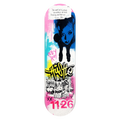 Hustle 1126 wall skate deck by SeventySeven.DC — blue portrait, yellow handstyle and taped note