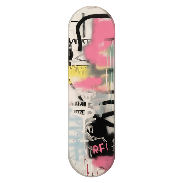 RF Spray wall skate deck by SeventySeven.DC — layered pink, yellow and black spray on white