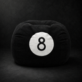 8 Black Corduroy Bean Bag by SeventySeven.DC — black corduroy 80 cm sphere bean bag with a white billiard eight ball patch, shown on a dark floor