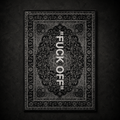 Fuck Off carpet by SeventySeven.DC — monochrome Persian medallion rug with FUCK OFF set in bold white type down the centre, 200x150 cm