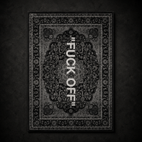 Fuck Off carpet by SeventySeven.DC — monochrome Persian medallion rug with FUCK OFF set in bold white type down the centre, 200x150 cm