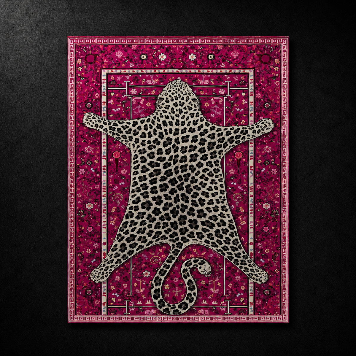 Cheetah rug by SeventySeven.DC — cream cheetah-print hide silhouette laid over a magenta floral Persian ground, 150x100 cm