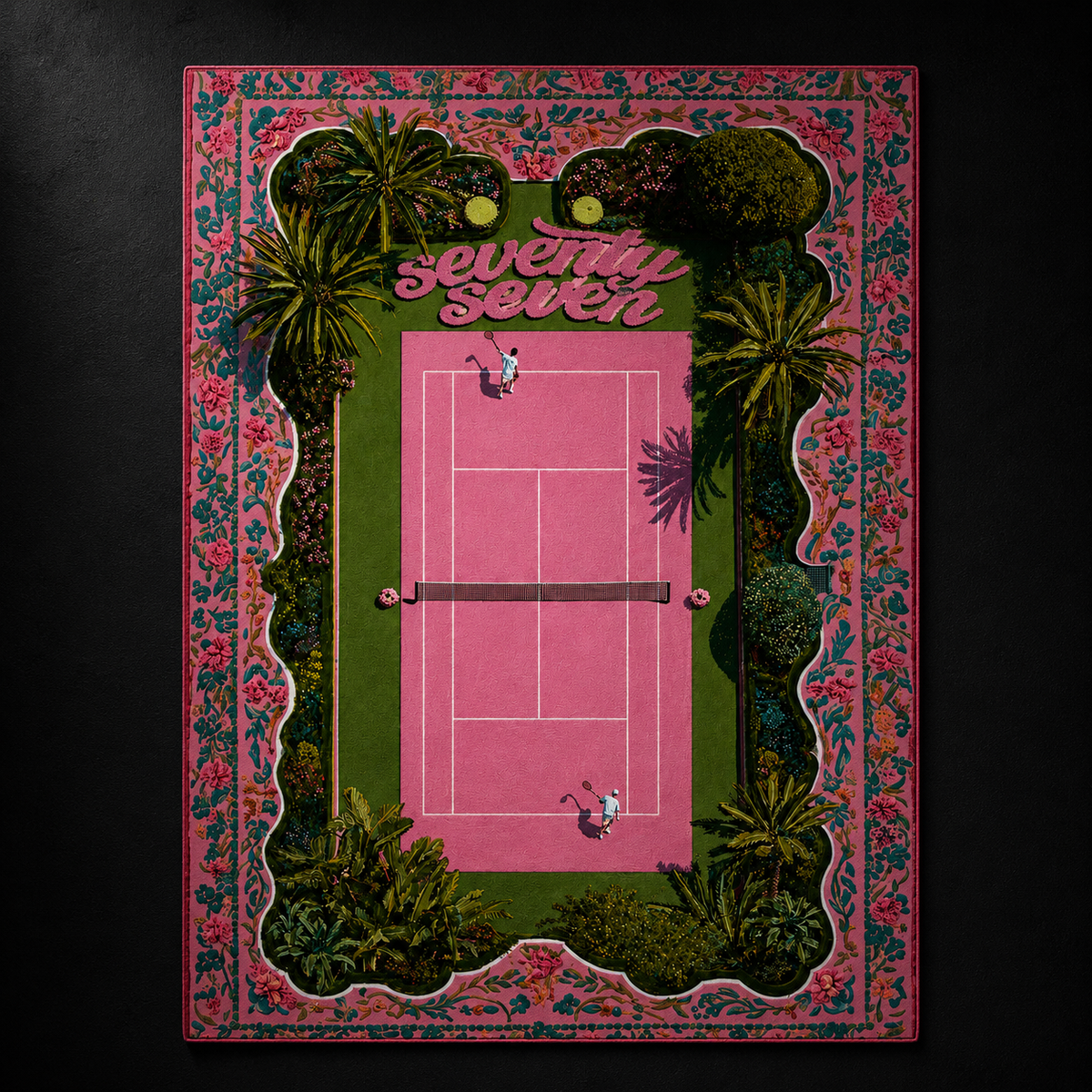 Court 77 rug by SeventySeven.DC — pink tennis court framed by palms and a floral Persian border with a seventyseven script tag, 150x200 cm
