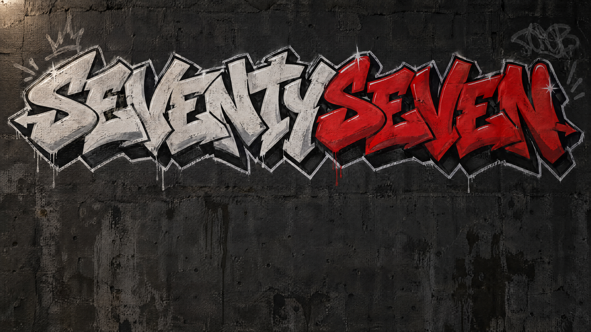 SEVENTYSEVEN graffiti piece with black outlines and 3D shadow on a dark concrete wall