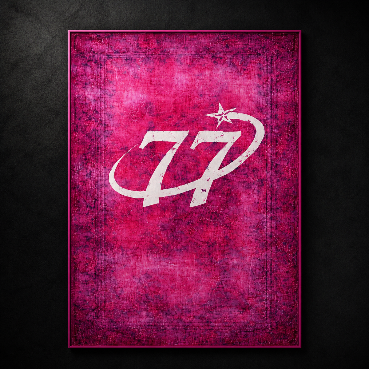 77 Pink Carpet by SeventySeven.DC — magenta distressed Persian rug with a white 77 script tag sprayed across the centre, 150x200 cm, shown on a dark concrete floor