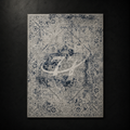 77 Light Blue Washed Carpet by SeventySeven.DC — faded grey-blue distressed Persian rug with a white 77 script tag, 150x200 cm