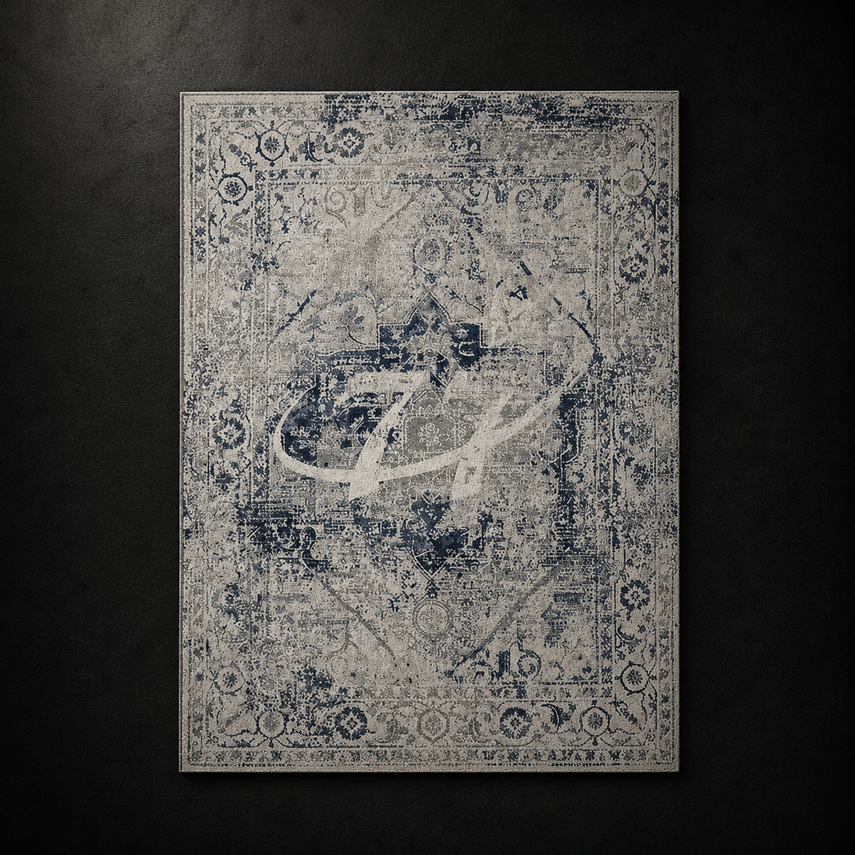 77 Light Blue Washed Carpet by SeventySeven.DC — faded grey-blue distressed Persian rug with a white 77 script tag, 150x200 cm