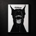 Guard dog poster by SeventySeven.DC — black and white photograph of a snarling Doberman with a seventyseven script tag, black frame, three sizes
