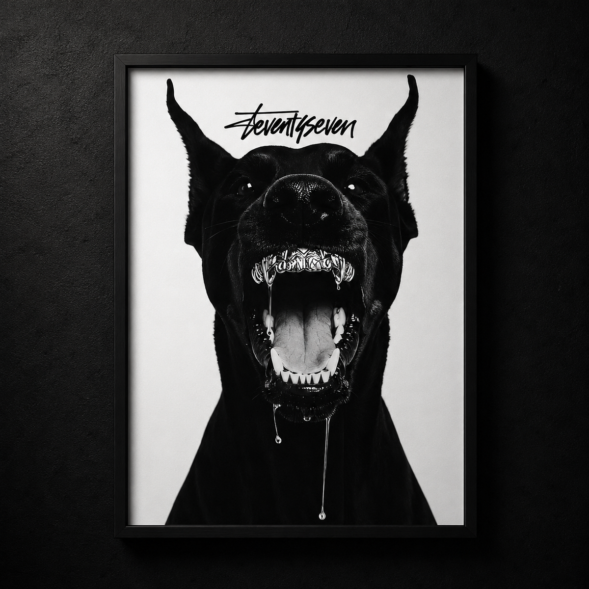 Guard dog poster by SeventySeven.DC — black and white photograph of a snarling Doberman with a seventyseven script tag, black frame, three sizes