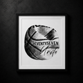 Basketball poster by SeventySeven.DC — basketball shot in black and white with a seventyseven script tag, black frame, three sizes