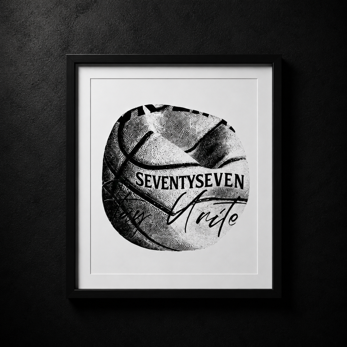 Basketball poster by SeventySeven.DC — basketball shot in black and white with a seventyseven script tag, black frame, three sizes