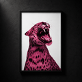 Pink Leopard poster by SeventySeven.DC — roaring leopard rendered in hot pink on a white ground, black frame, available in 20x30, 30x40 and 40x50 cm