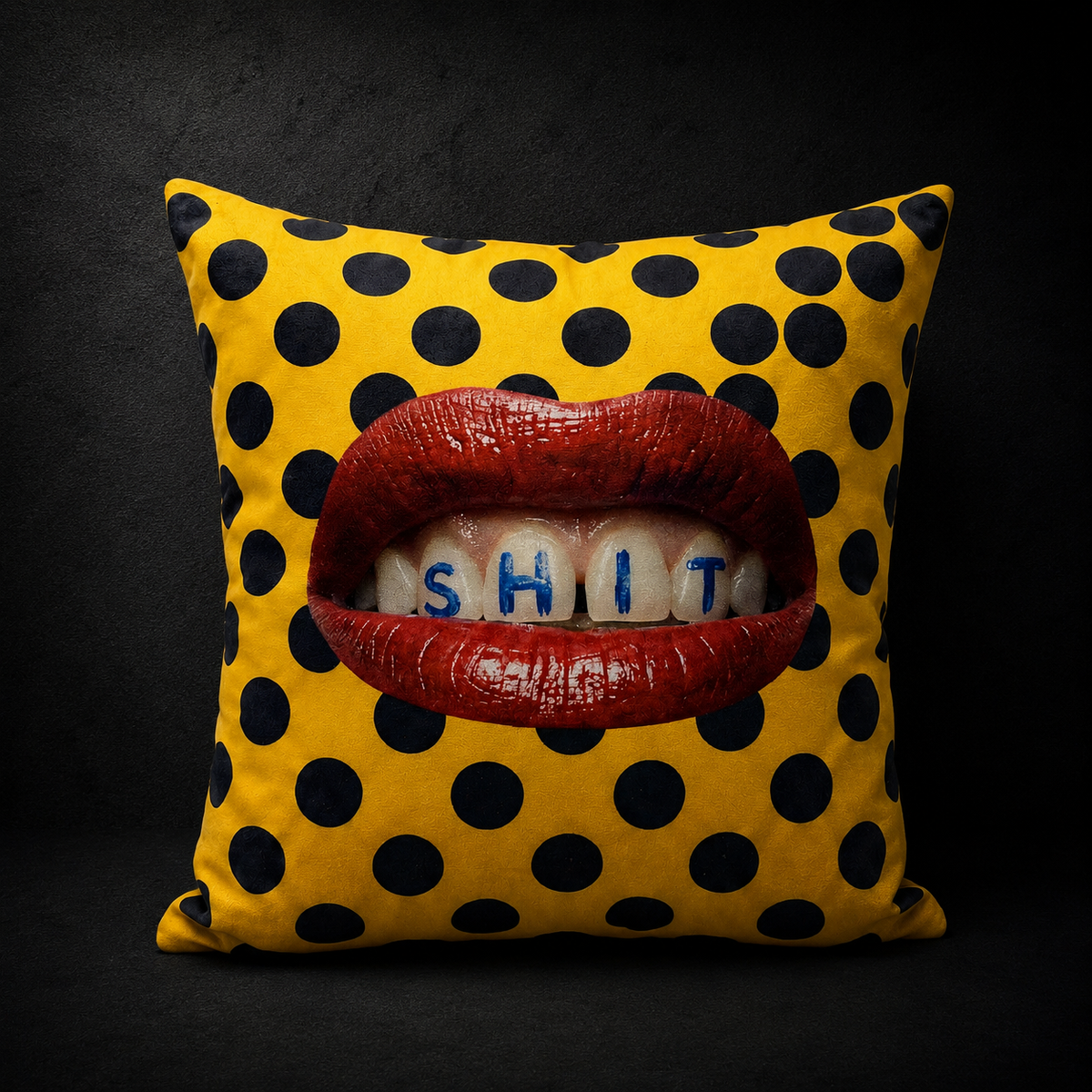 Shitzy pillow by SeventySeven.DC — yellow polka dot cushion with red lips and the word SHIT lettered across the teeth