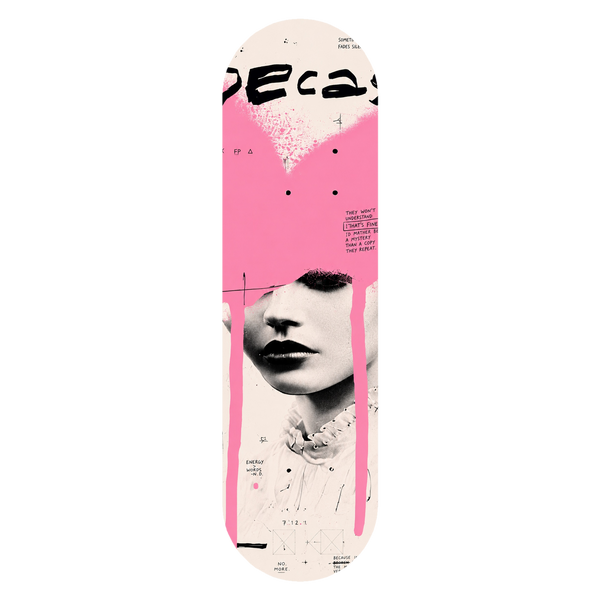 Decay wall skate deck by SeventySeven.DC — pink wash over a black and white portrait with drips