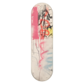 Drip wall skate deck by SeventySeven.DC — washed pink and grey with spray drips down the board