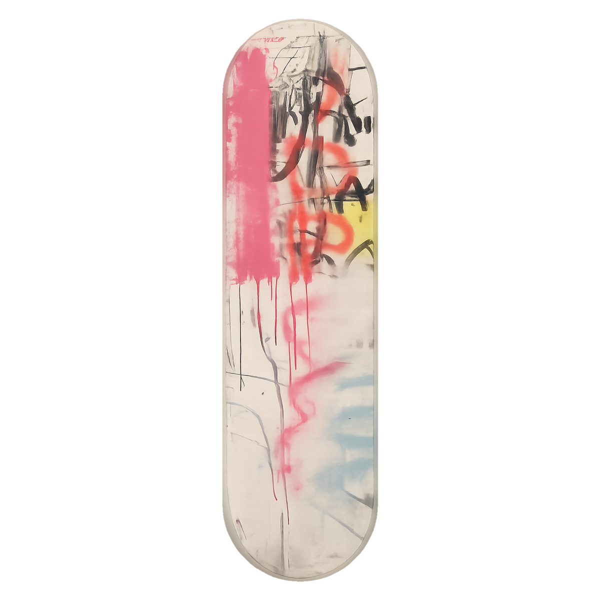 Drip wall skate deck by SeventySeven.DC — washed pink and grey with spray drips down the board