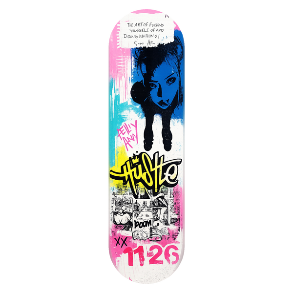 Hustle 1126 wall skate deck by SeventySeven.DC — blue portrait, yellow handstyle and taped note