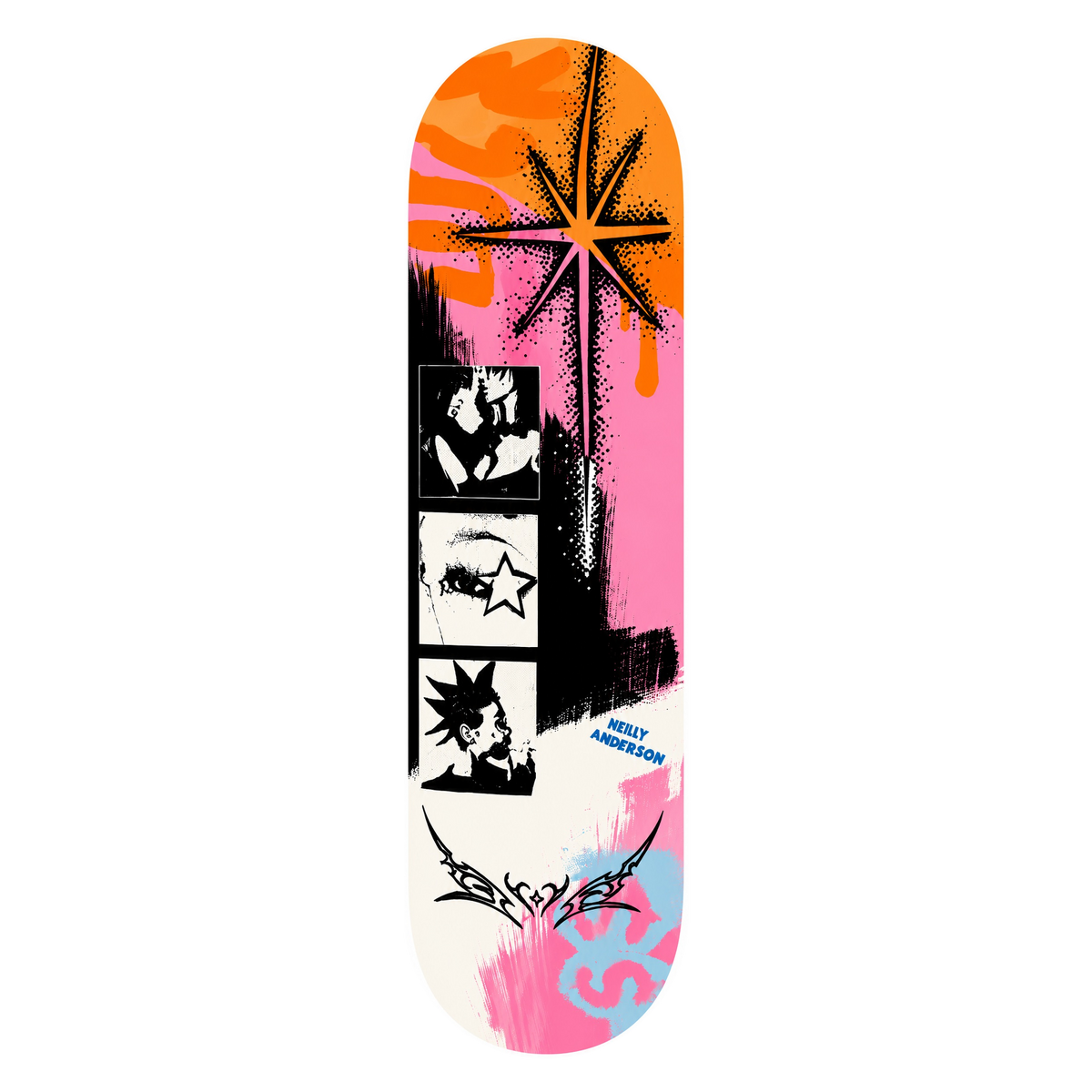 North Star wall skate deck by SeventySeven.DC — orange and pink halftone with black star and comic panels