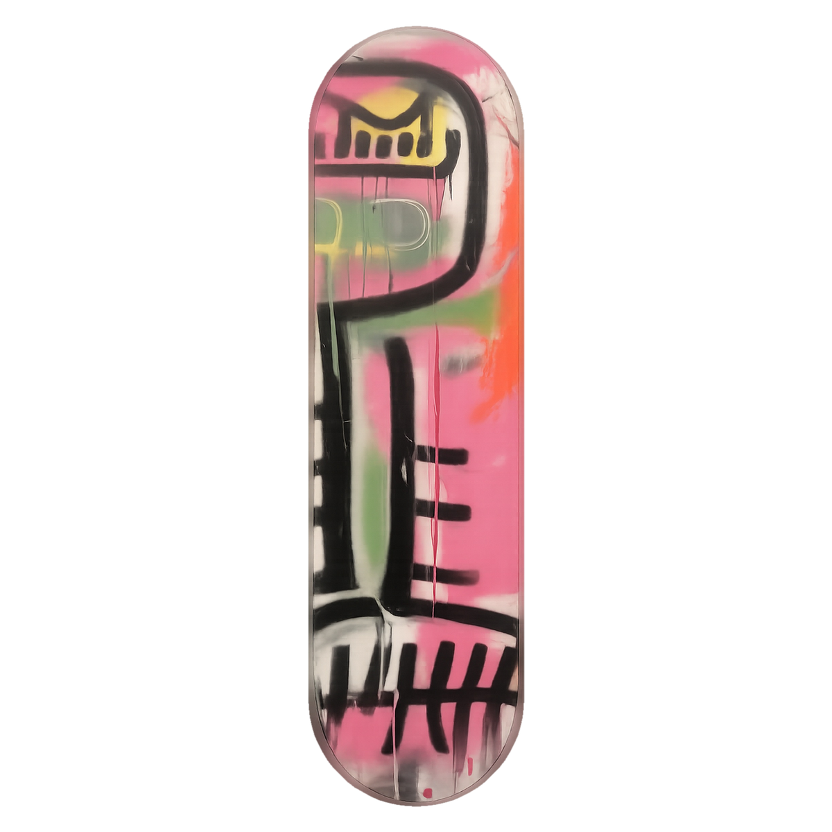 Tally wall skate deck by SeventySeven.DC — black tally-mark graffiti over pink and yellow