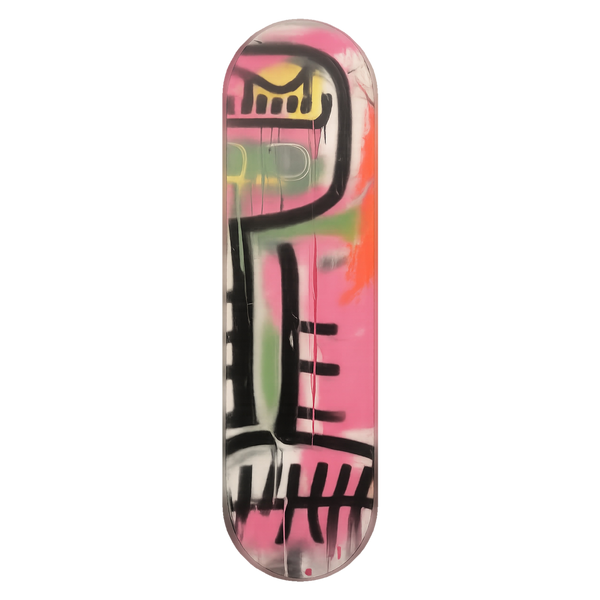 Tally wall skate deck by SeventySeven.DC — black tally-mark graffiti over pink and yellow