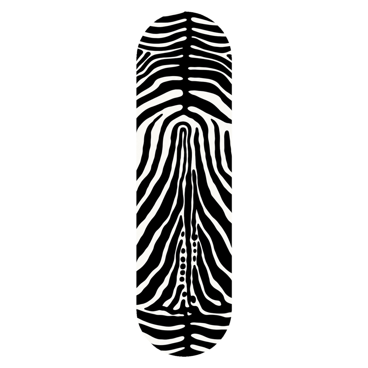 Zebra wall skate deck by SeventySeven.DC — mirrored black and white stripes