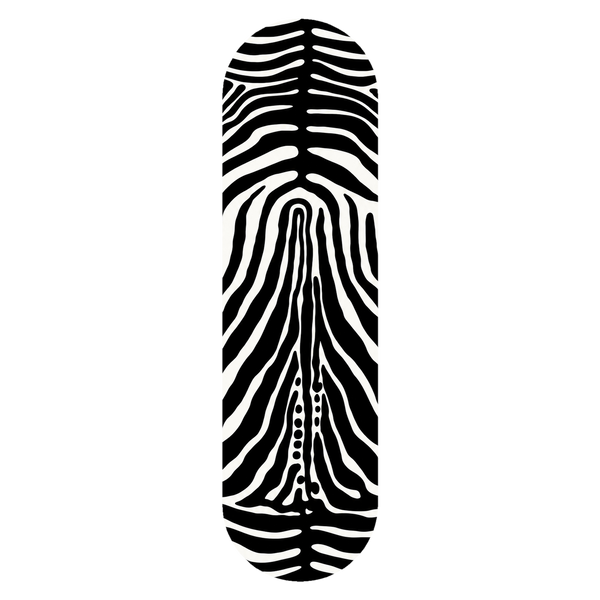 Zebra wall skate deck by SeventySeven.DC — mirrored black and white stripes
